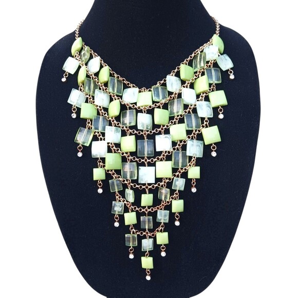 Chunky Gold Tone Bib Statement 20" Waterfall Necklace Shades Of Green Squares - Picture 1 of 3